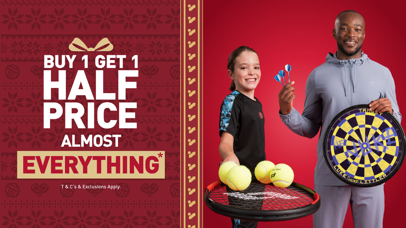 An image of the Intersport Elverys Christmas Black Friday sale offer, calling out Buy 1 Get 1 Half Price on almost everything. Features people showcasing products as part of the promotion.