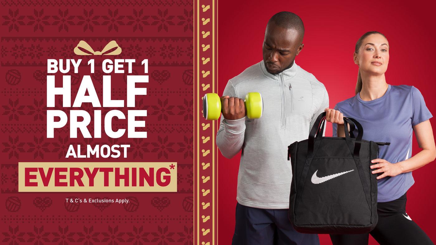 An image of the Intersport Elverys Christmas Black Friday sale offer, calling out Buy 1 Get 1 Half Price on almost everything. Features adults showcasing products as part of the promotion.