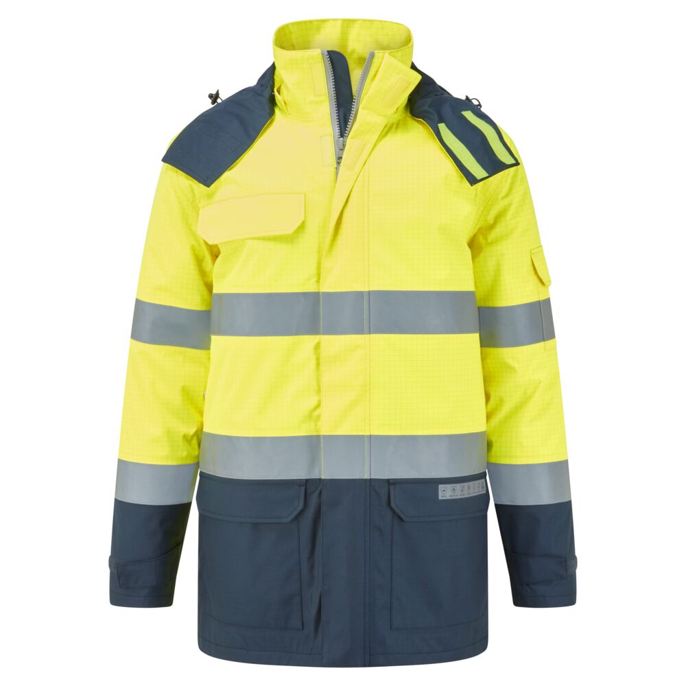 Portwest Bizflame Rain+ Hi-Vis Multi-Norm Contrast FR Winter Jacket Yellow/Navy