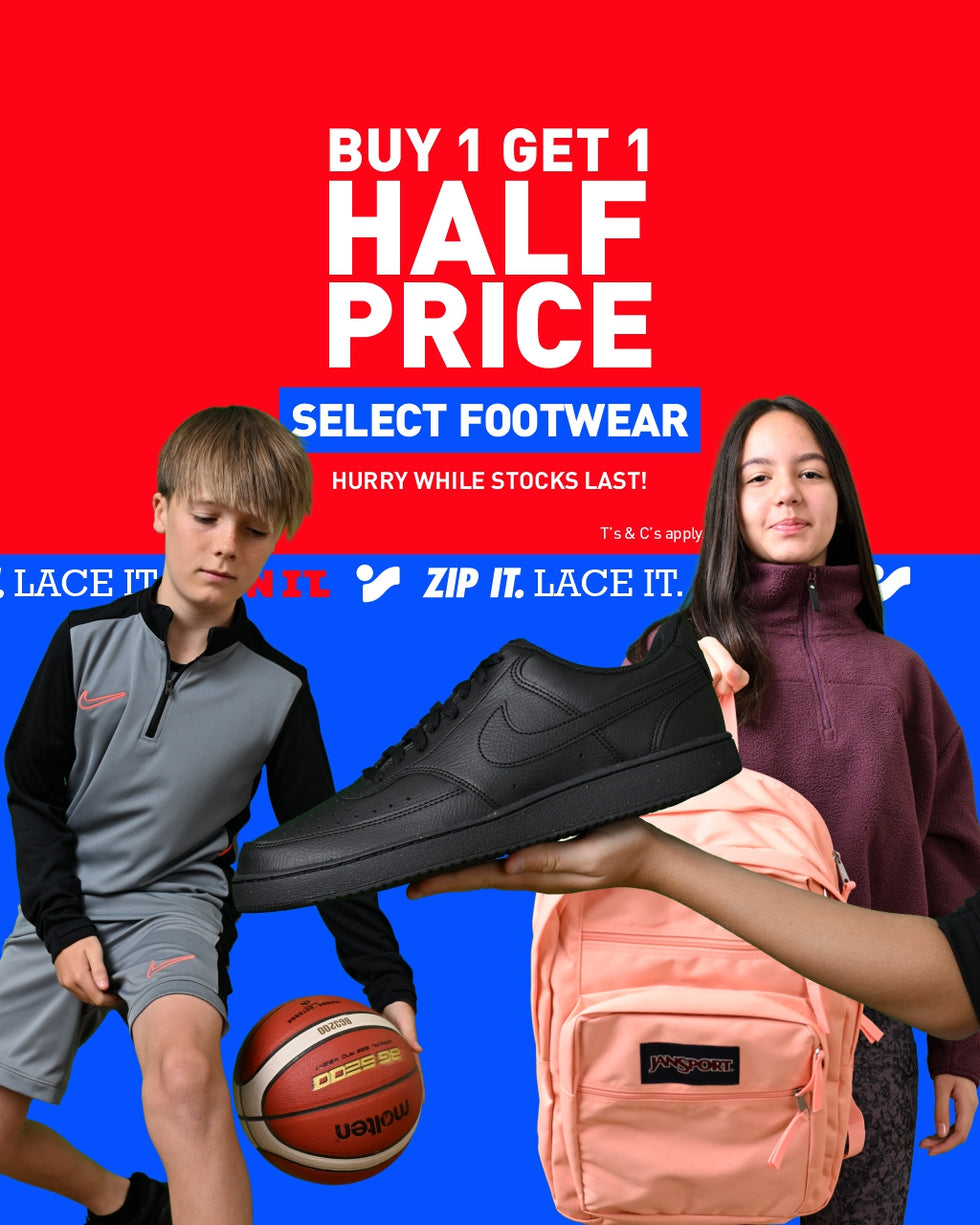 An image of Kids playing and getting ready for the new school term this September 2025. A black shoe held in hand while calling out the Buy 1 Get 1 Half Footwear sale.
