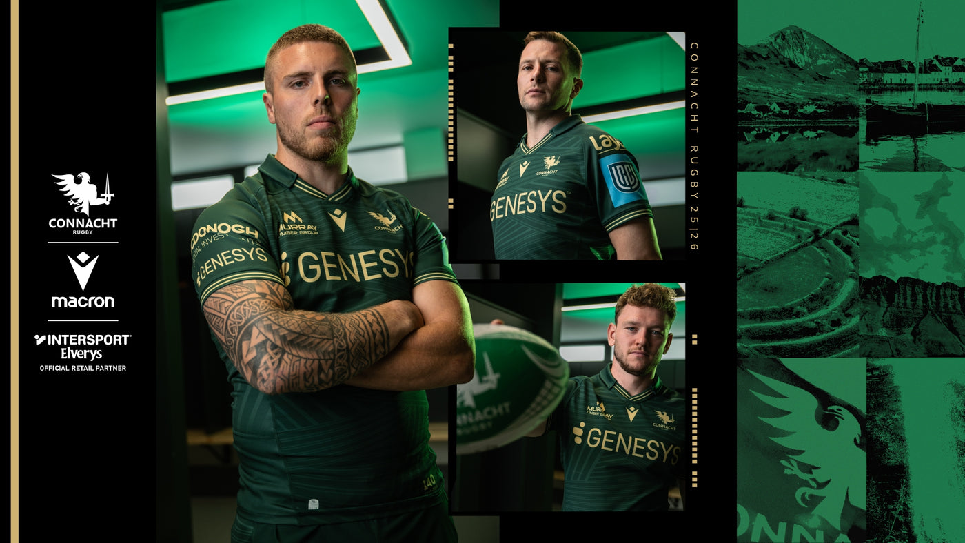 An image of Connacht Rugby players wearing the 2025/26 Home Team Jersey including the logos by Intersport Elverys, Connacht Rugby & Macron
