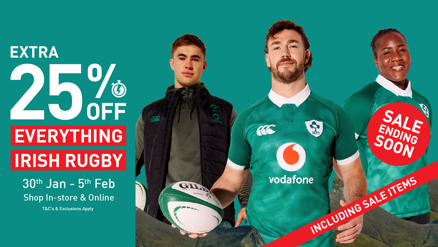 An IRFU Ireland Rugby banner showcasing the 25% off everything off running from 30th Jan - 5th Feb. Players wearing the newest home kit & training wear. Sale ending soon messaging included.