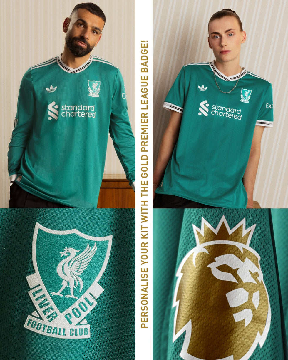 An image of players wearing the 2025/26 Liverpool F.C. Third Jersey, including text and imagery calling out the unique badge print personalisation