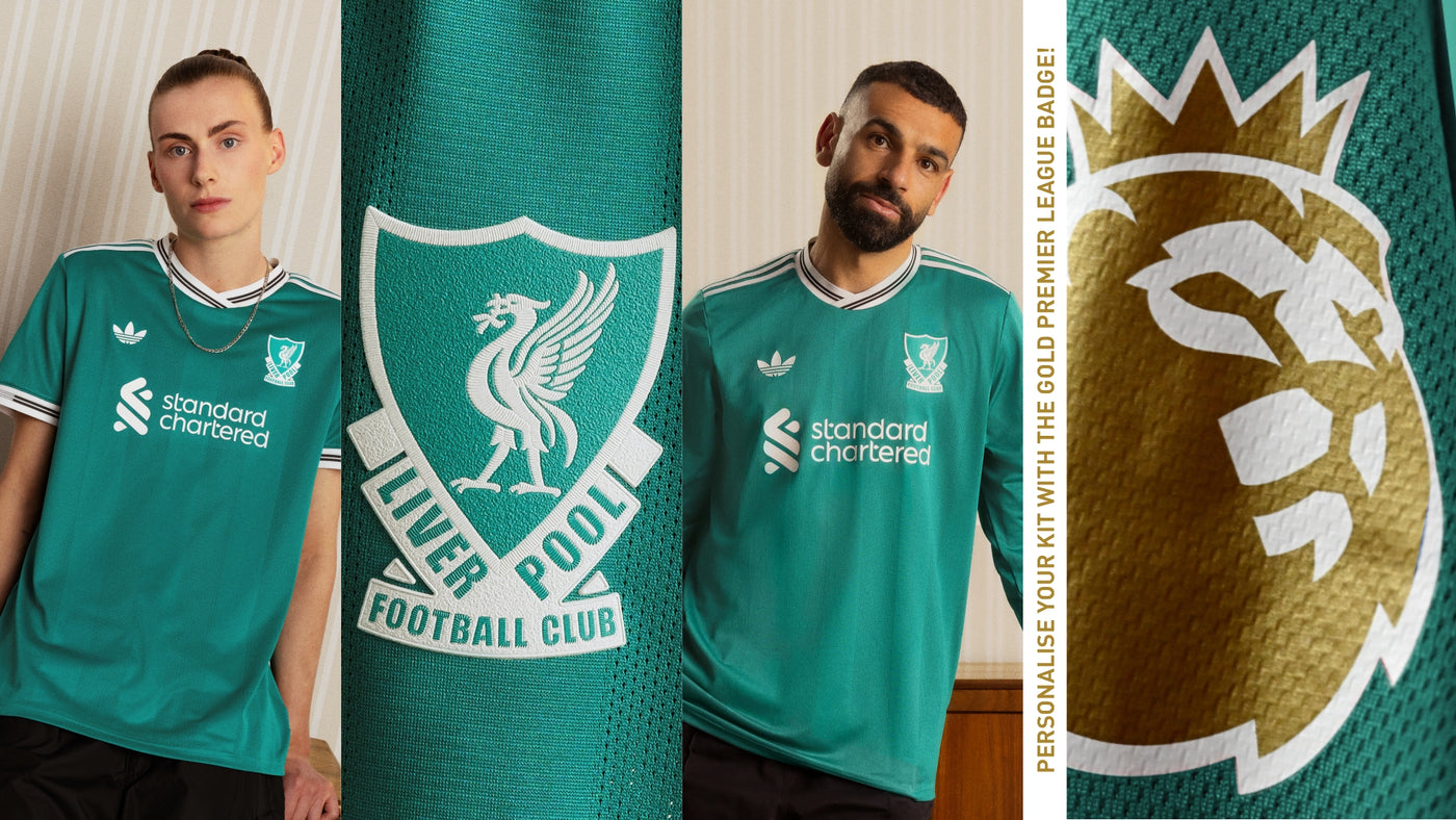 An image of players wearing the 2025/26 Liverpool F.C. Third Jersey, including text and imagery calling out the unique badge print personalisation