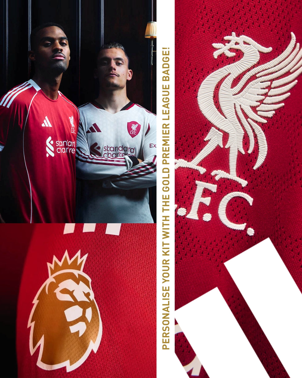 This is an image of players wearing the 2025/26 Liverpool FC Home Jersey & also a close up of the EPL Winners bagde that can be used at the personalisation stage of the purchase.
