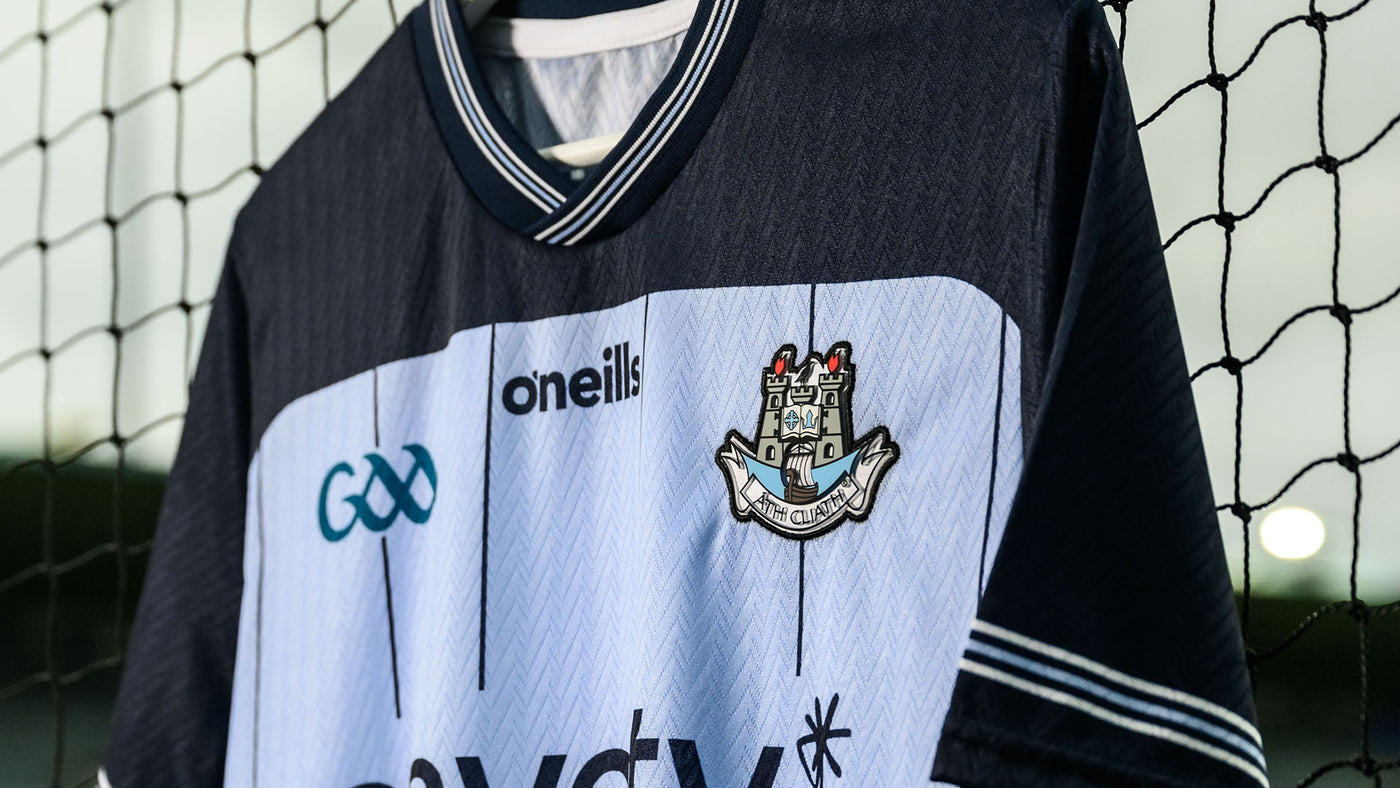 An Image close up of the new Dublin Home 2025/26 Jersey on a hanger within a goal.