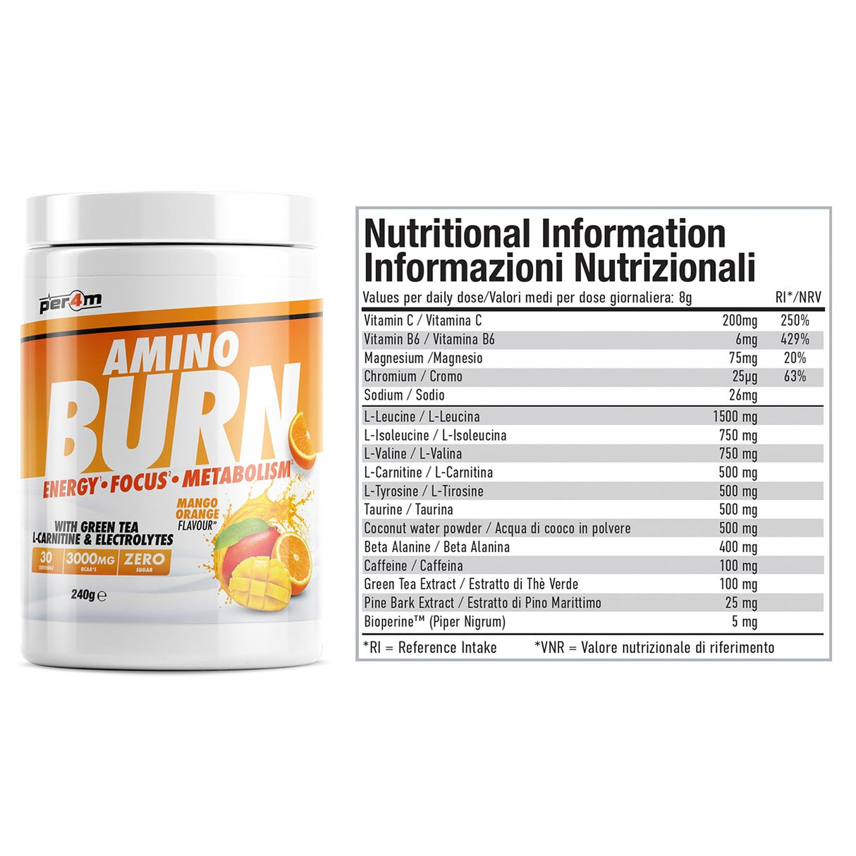 Per4m Amino Burn 240g - Mango Orange Nutritional Info