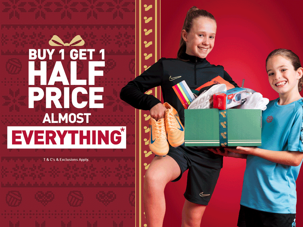 A GIF of the Intersport Elverys Christmas Black Friday sale offer, calling out Buy 1 Get 1 Half Price on almost everything. Features adults & kids showcasing products as part of the promotion.