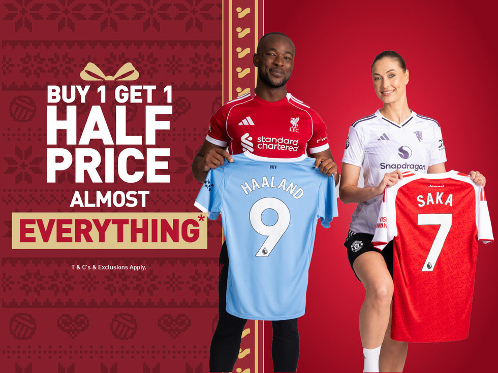 An image of the Intersport Elverys Christmas Black Friday sale offer, calling out Buy 1 Get 1 Half Price on almost everything. Features adults showcasing products as part of the promotion.