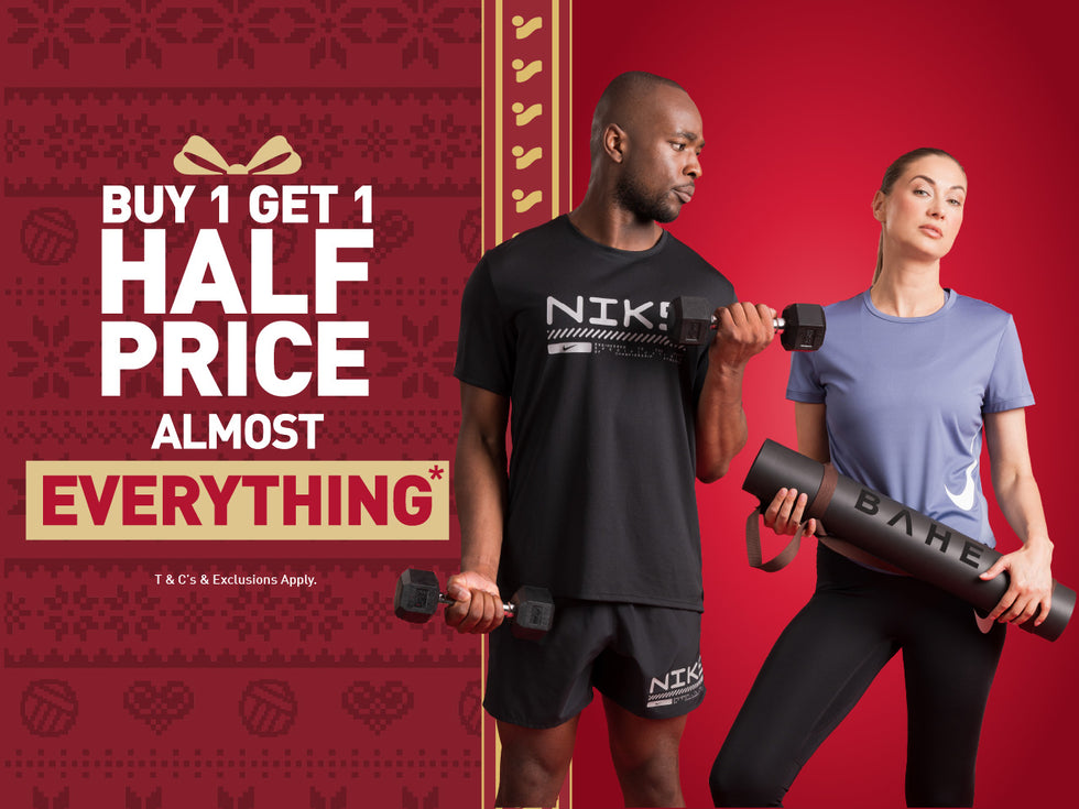 An image of the Intersport Elverys Christmas Black Friday sale offer, calling out Buy 1 Get 1 Half Price on almost everything. Features adults showcasing products as part of the promotion.