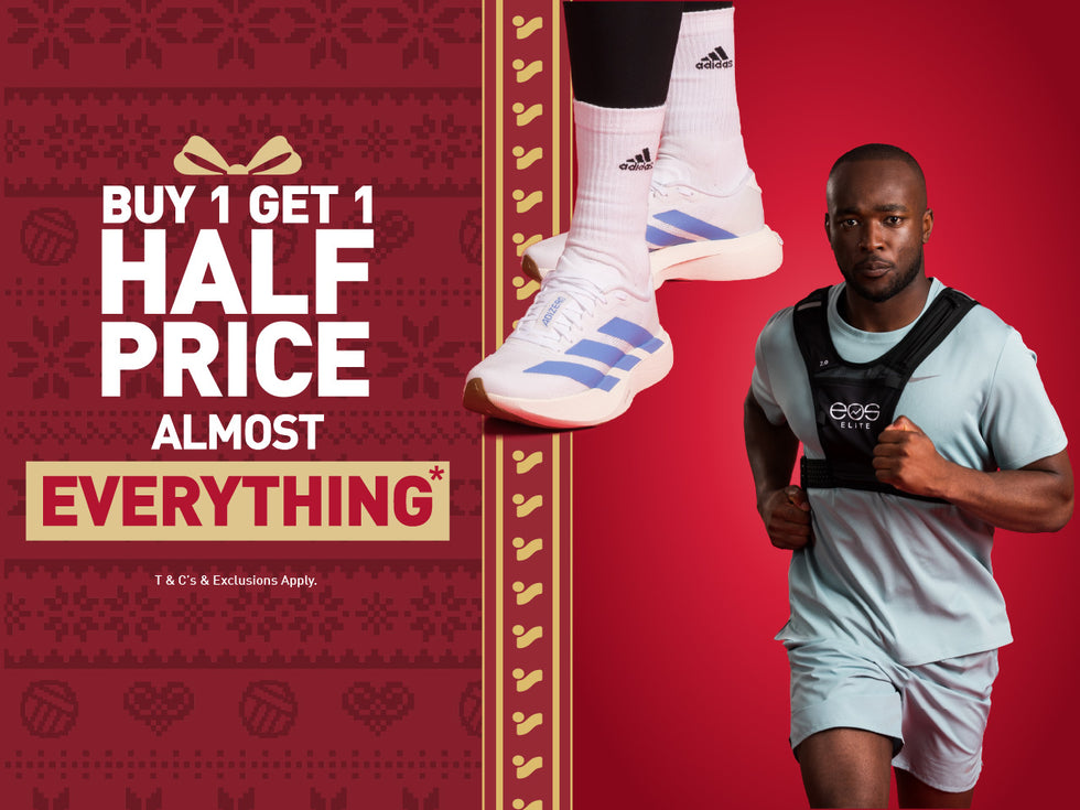 An image of the Intersport Elverys Christmas Black Friday sale offer, calling out Buy 1 Get 1 Half Price on almost everything. Features adults showcasing products as part of the promotion.