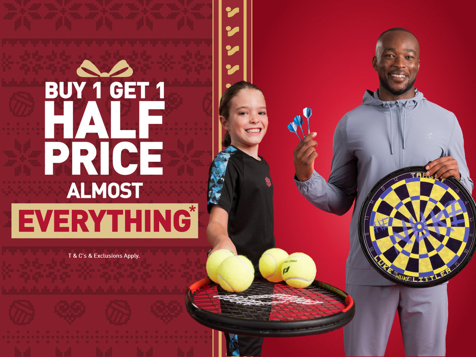 An image of the Intersport Elverys Christmas Black Friday sale offer, calling out Buy 1 Get 1 Half Price on almost everything. Features adults & Kids showcasing products as part of the promotion.