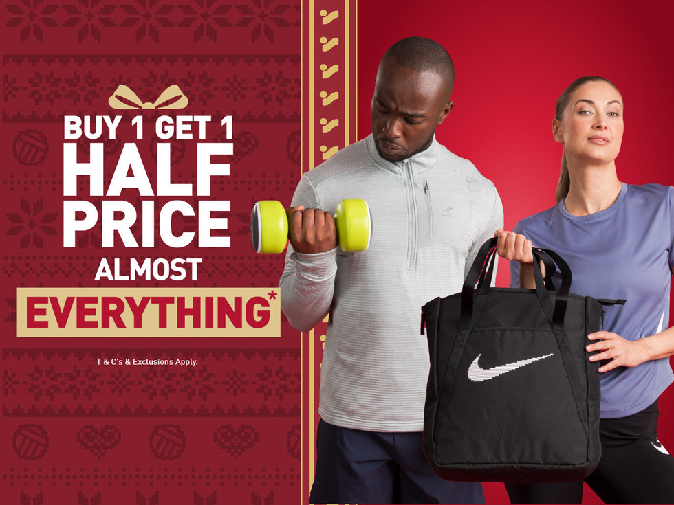 An image of the Intersport Elverys Christmas Black Friday sale offer, calling out Buy 1 Get 1 Half Price on almost everything. Features adults showcasing products as part of the promotion.