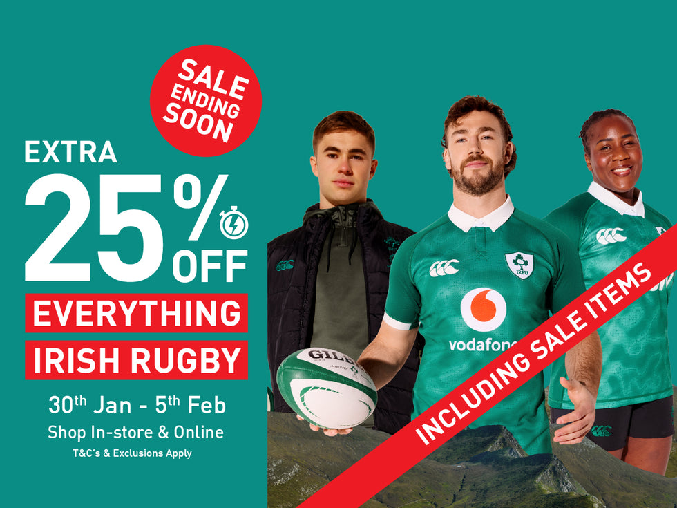 An IRFU Ireland Rugby banner showcasing the 25% off everything off running from 30th Jan - 5th Feb. Players wearing the newest home kit & training wear. Sale ending soon messaging included.