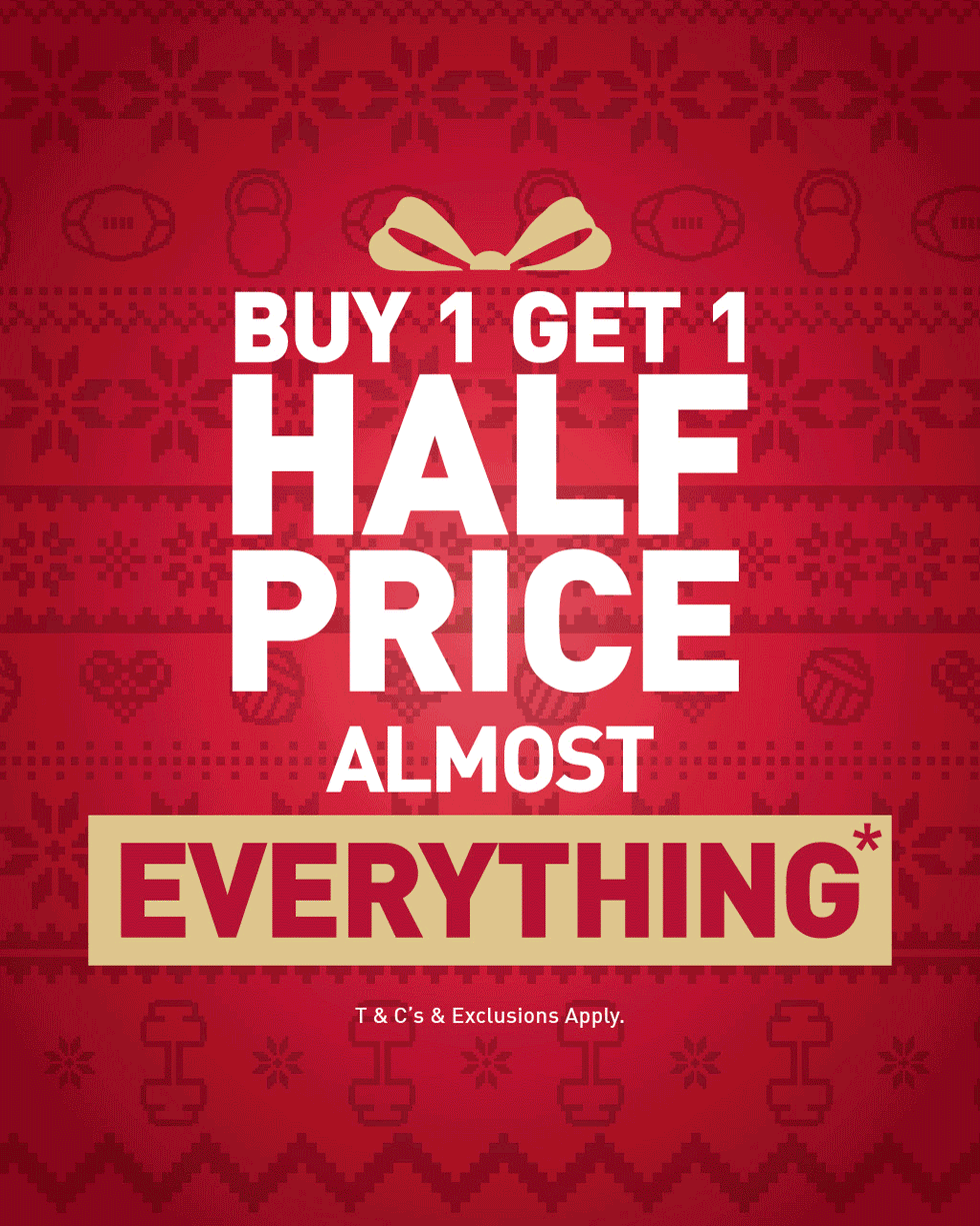 A GIF of the Intersport Elverys Christmas Black Friday sale offer, calling out Buy 1 Get 1 Half Price on almost everything. Features adults & kids showcasing products as part of the promotion.