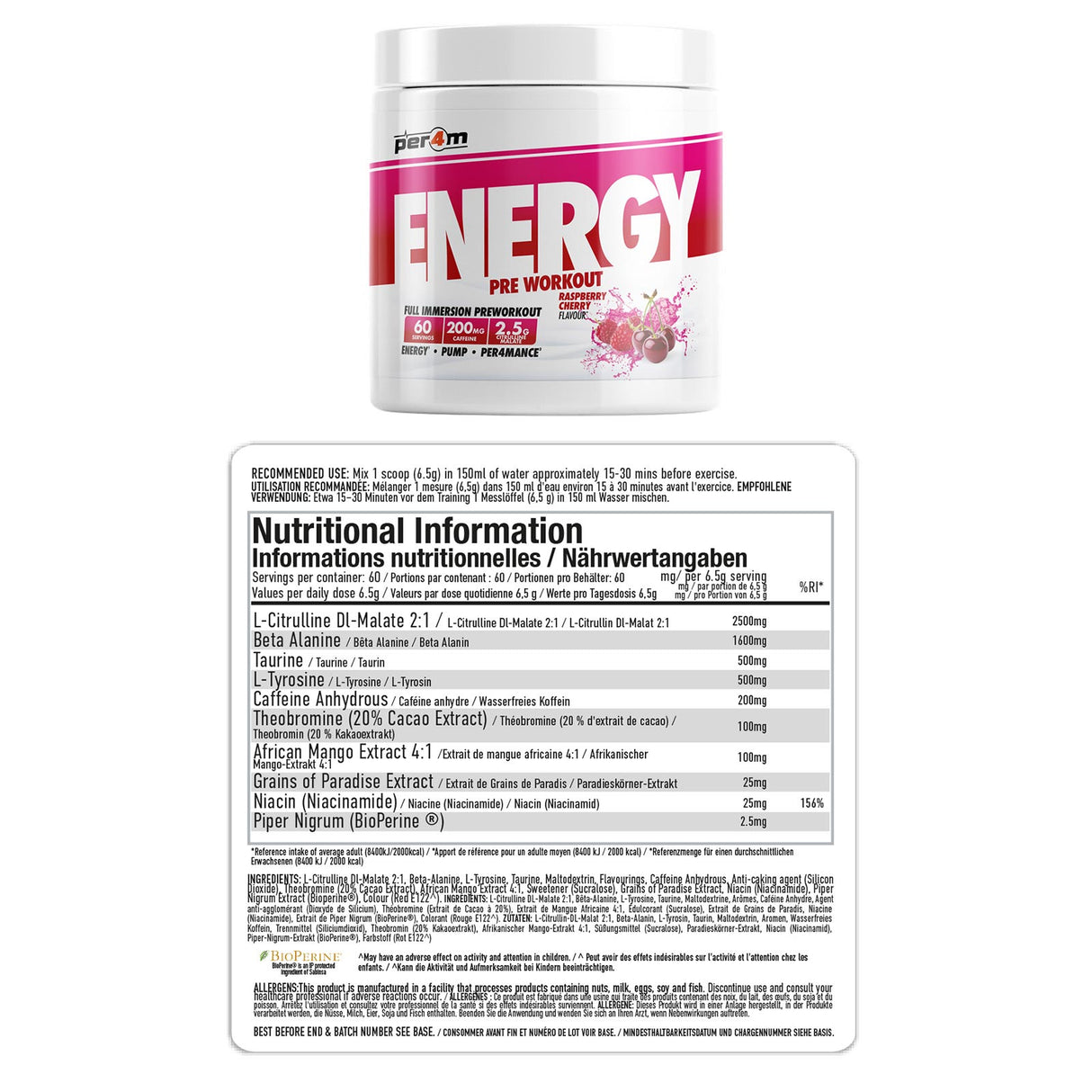Per4m Energy Pre-Workout 390g - Raspberry Cherry Nutrition Info