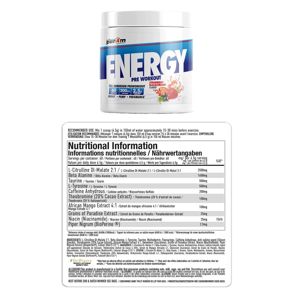 Per4m Energy Pre-Workout 390g - Strawberry Blackcurrant Nutrition Info