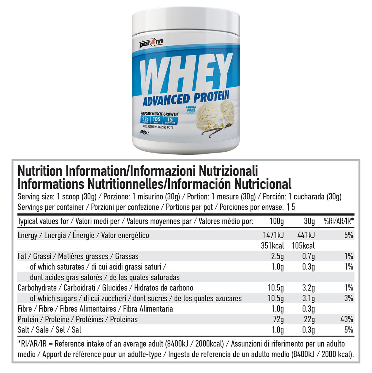 Per4m Whey Protein 450g - Vanilla Creme Nutrition Info