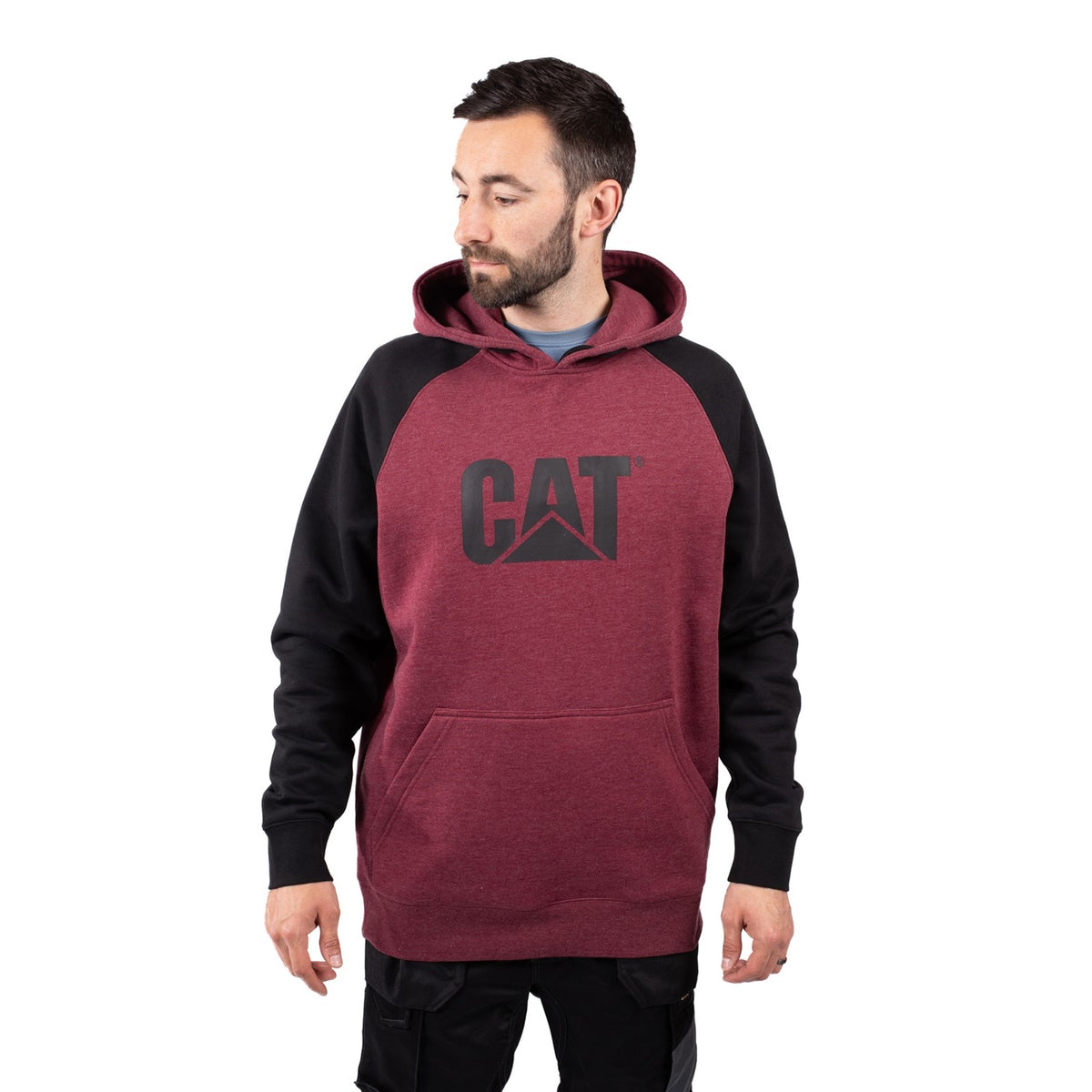 Caterpillar Mens Raglan Hooded Sweatshirt Carmenere Heather/Black