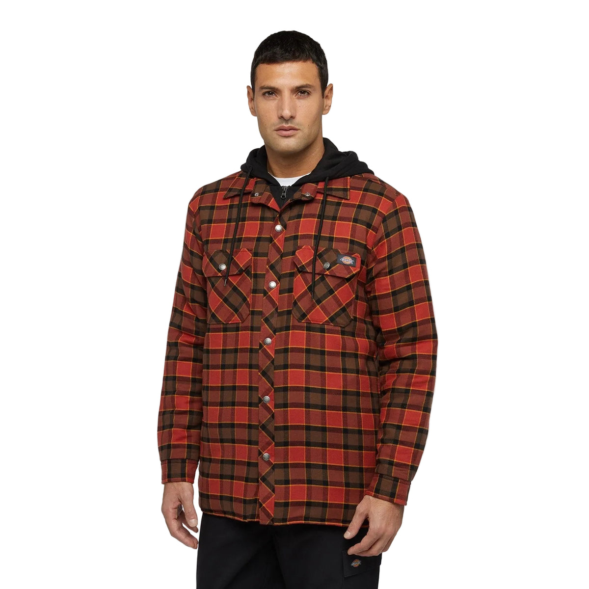 Dickies Mens Fleece Hooded Flannel Shirt Red Ochre