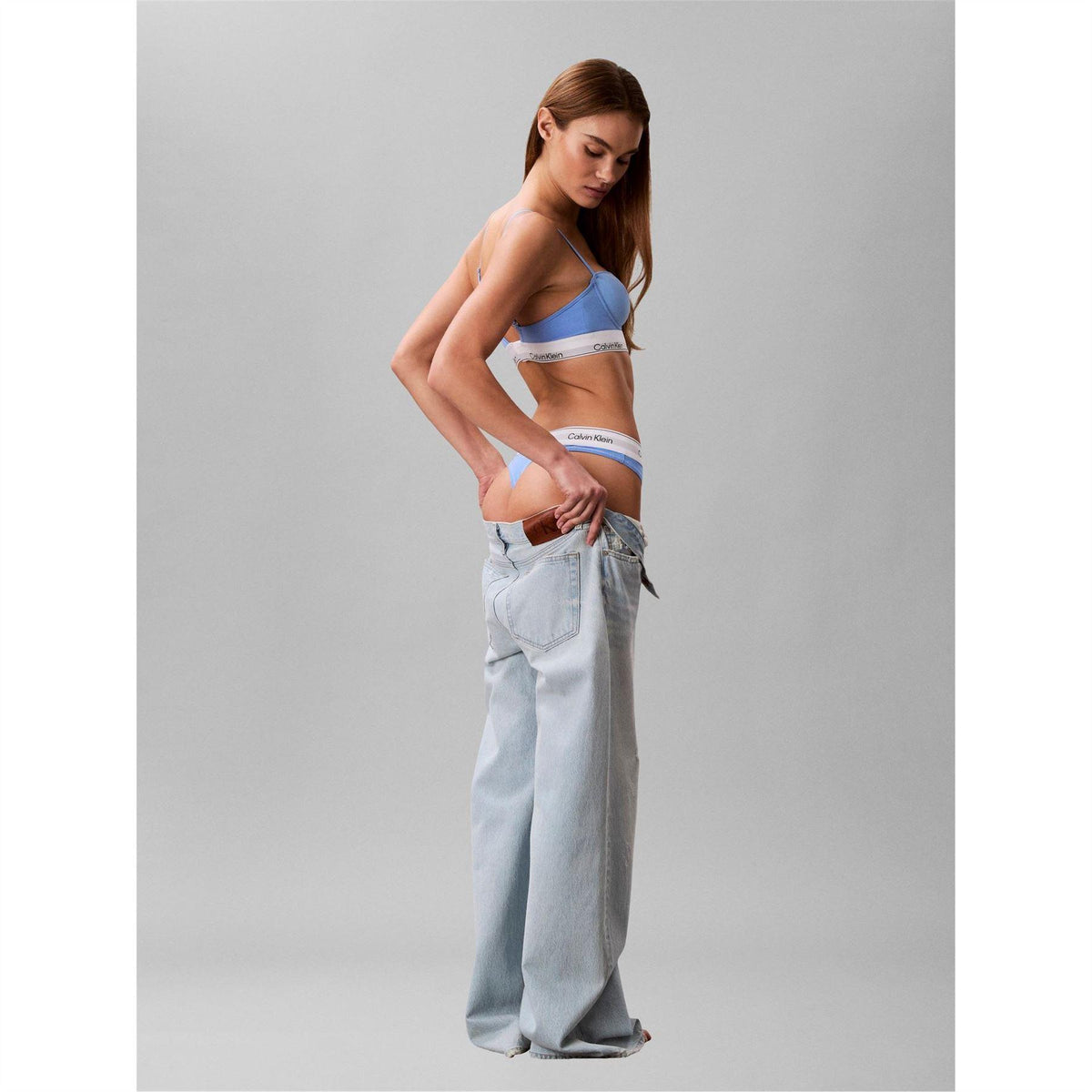 Calvin Klein Womens Logo Cotton Blend Thong Blue