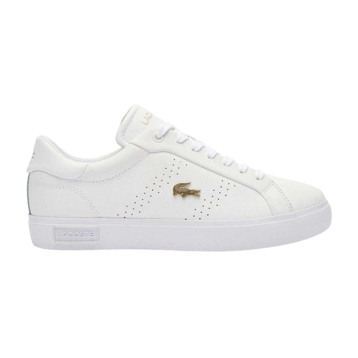 Lacoste Womens Powercourt 2.0 Leather Trainers White/Gold
