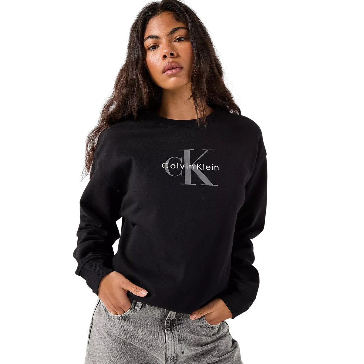 Calvin Klein Womens Logo Long-Sleeved Sweatshirt Black