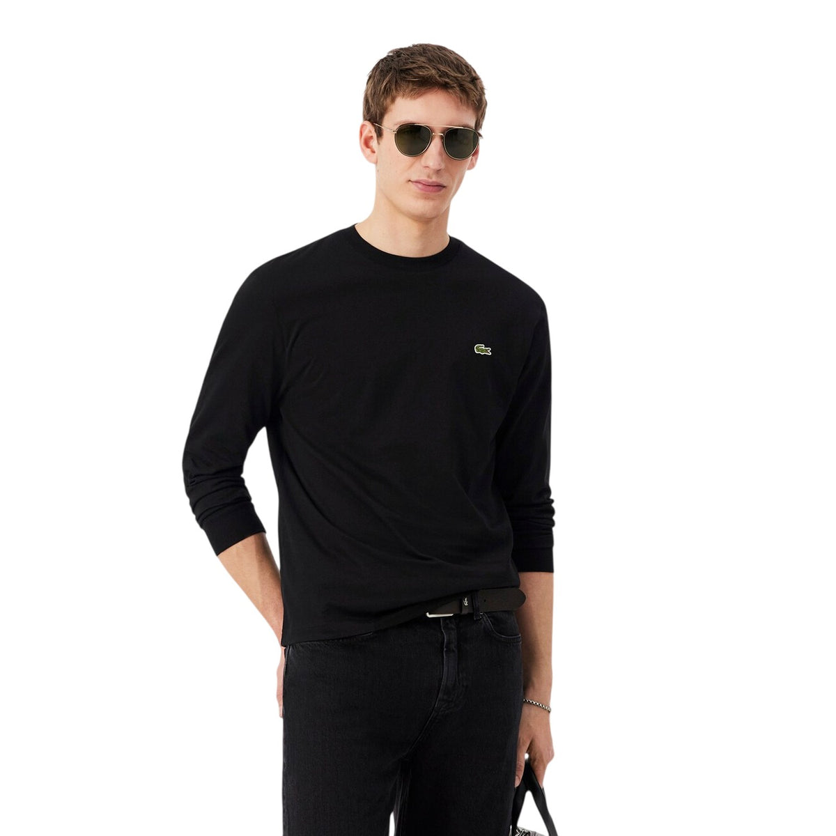 Lacoste Mens Crocodile Print Cotton Regular Long-Sleeved T-Shirt Black