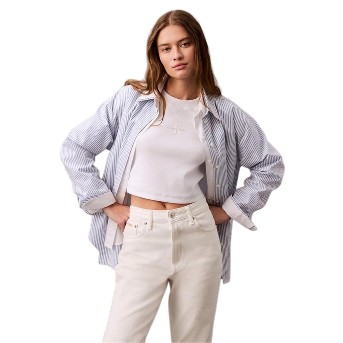 Calvin Klein Womens Mono Logo Ribbed Crop Top White