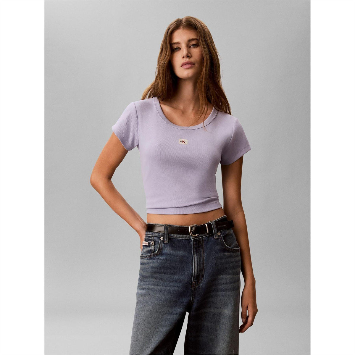 Calvin Klein Womens Ribbed Woven Crop Top Cosmic Sky
