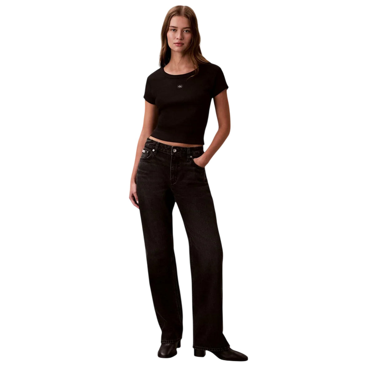 Calvin Klein Womens Ribbed Woven Crop Top Black