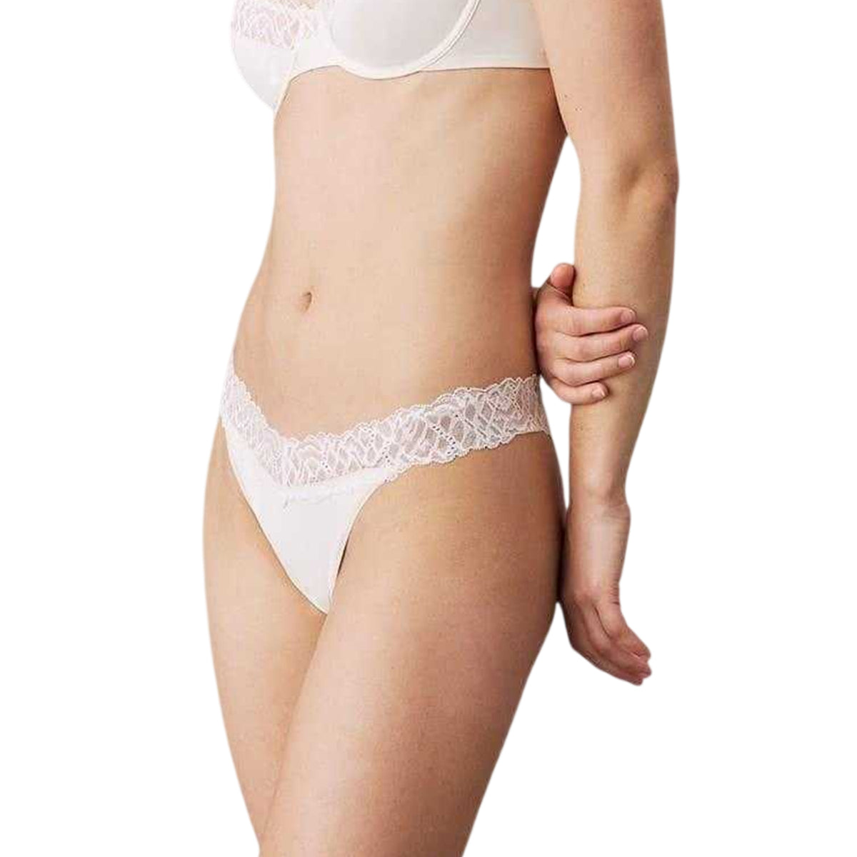 Calvin Klein Womens Lace Trim Recycled Nylon Thong Ivory