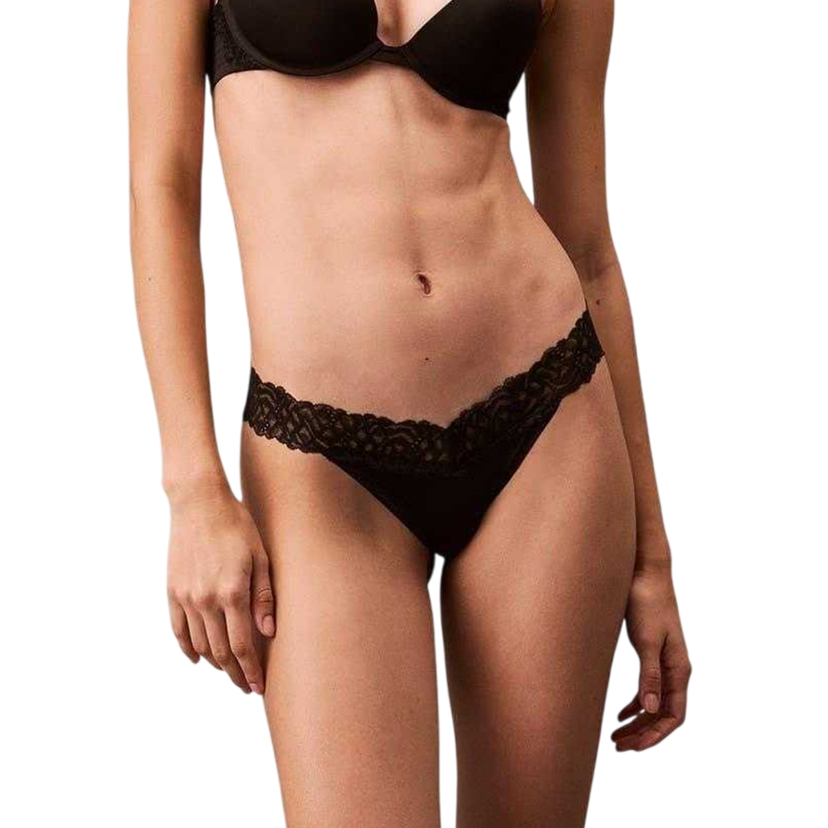 Calvin Klein Womens Lace Trim Recycled Nylon Thong Black
