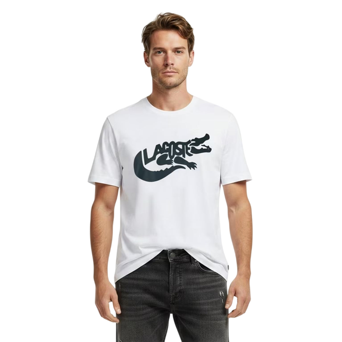 Lacoste Mens Croc Script Graphic Logo Classic T-Shirt White