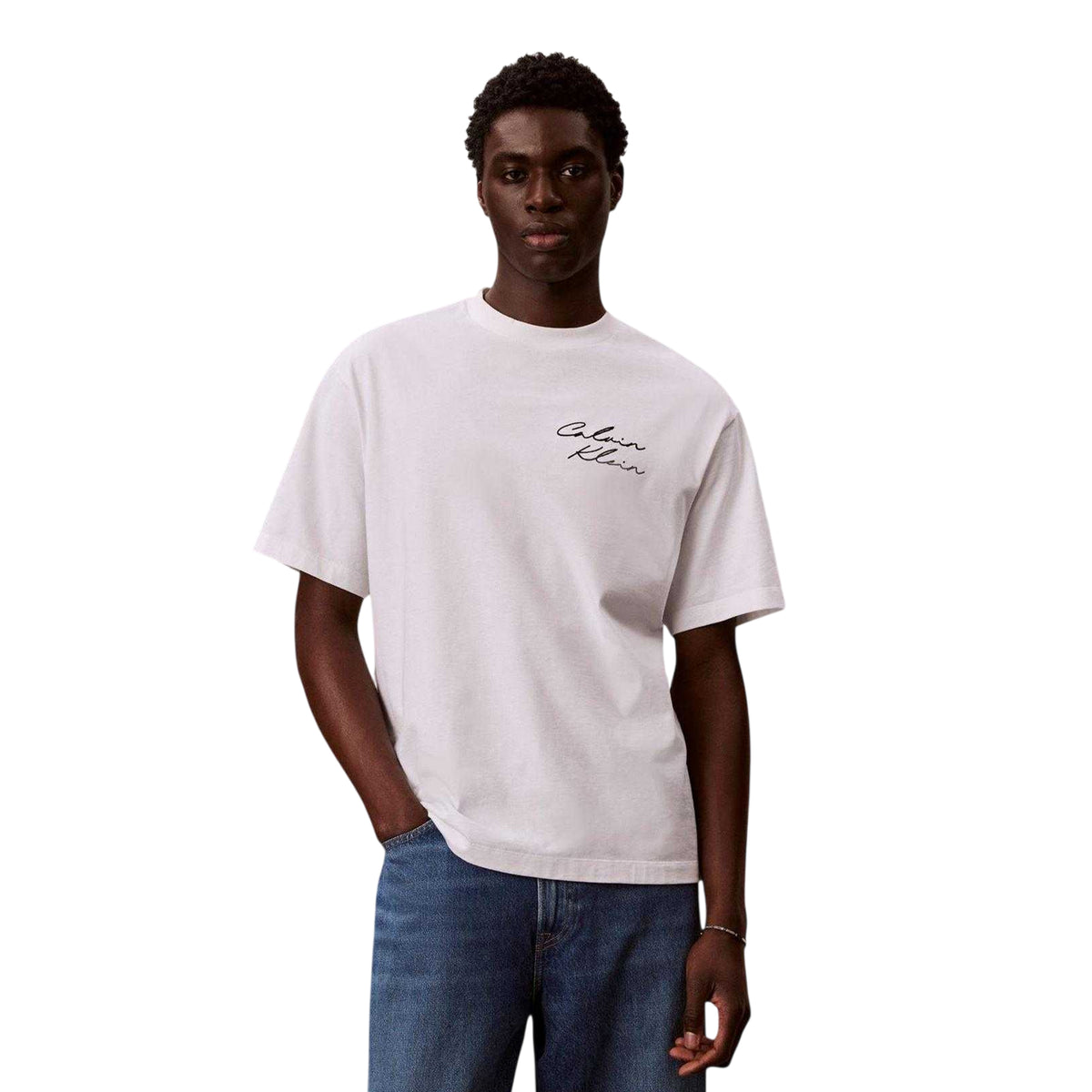 Calvin Klein Mens Script Relaxed Fit T-Shirt Bright White
